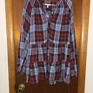 Maurices Red and Blue Plaid Button-Front Peasant Blouse